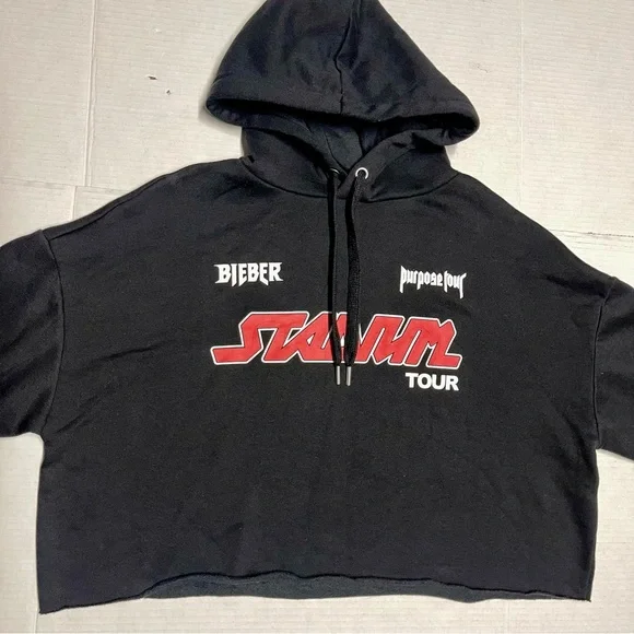 Justin Bieber Purpose Stadium Tour Black Cropped Hoodie Sweatshirt Womens Large - Picture 2 of 9